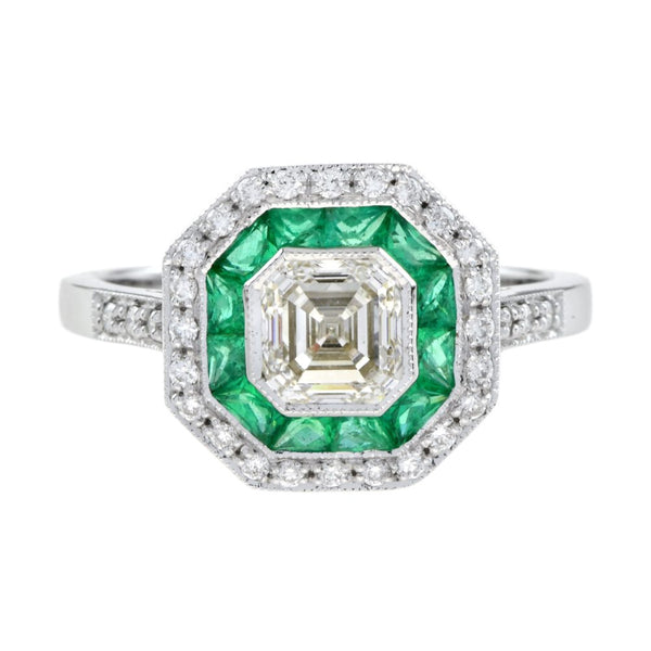 1ct Asscher Cut Diamond and Emerald Cluster Engagement Ring