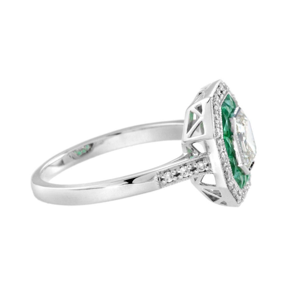 1ct Asscher Cut Diamond and Emerald Cluster Engagement Ring