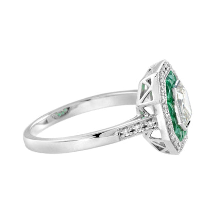 1ct Asscher Cut Diamond and Emerald Cluster Engagement Ring