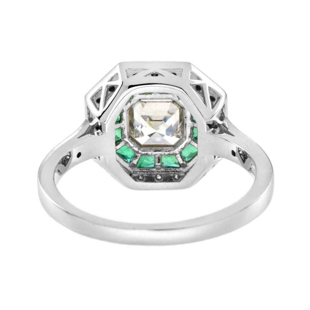 1ct Asscher Cut Diamond and Emerald Cluster Engagement Ring