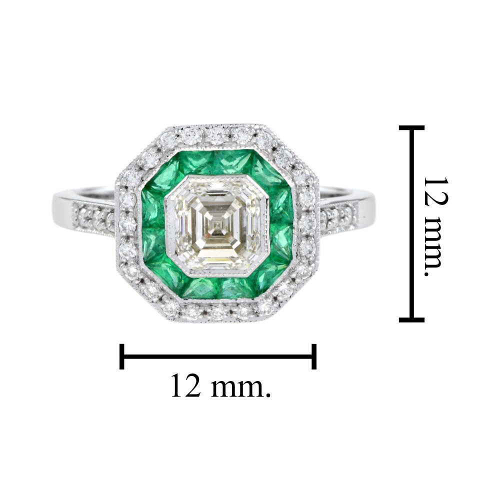 1ct Asscher Cut Diamond and Emerald Cluster Engagement Ring
