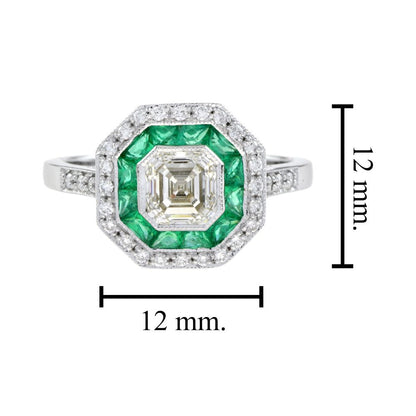 1ct Asscher Cut Diamond and Emerald Cluster Engagement Ring
