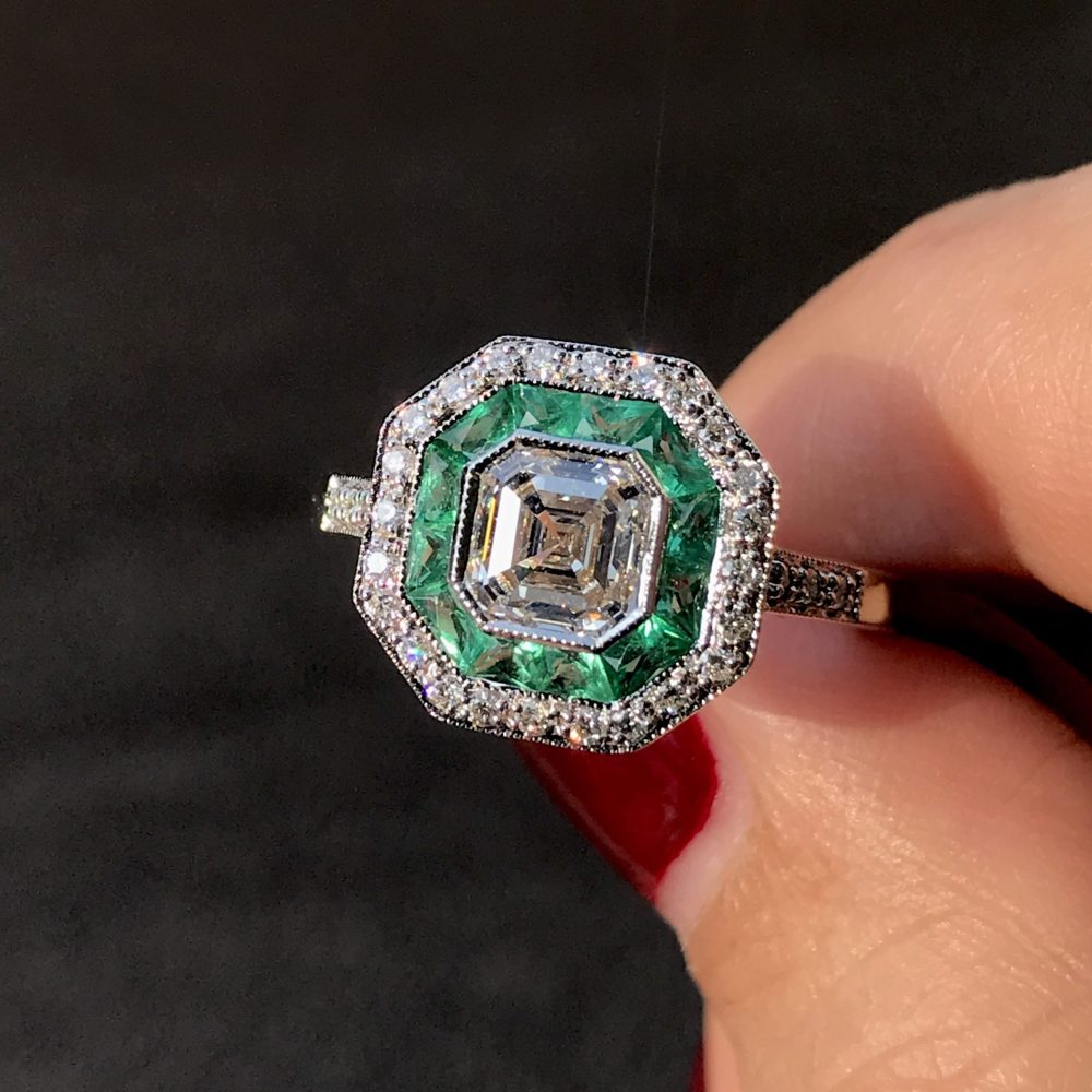 1ct Asscher Cut Diamond and Emerald Cluster Engagement Ring