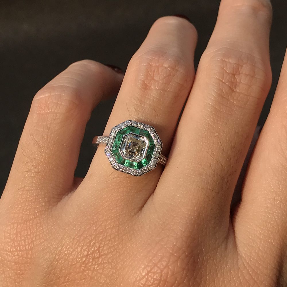 1ct Asscher Cut Diamond and Emerald Cluster Engagement Ring