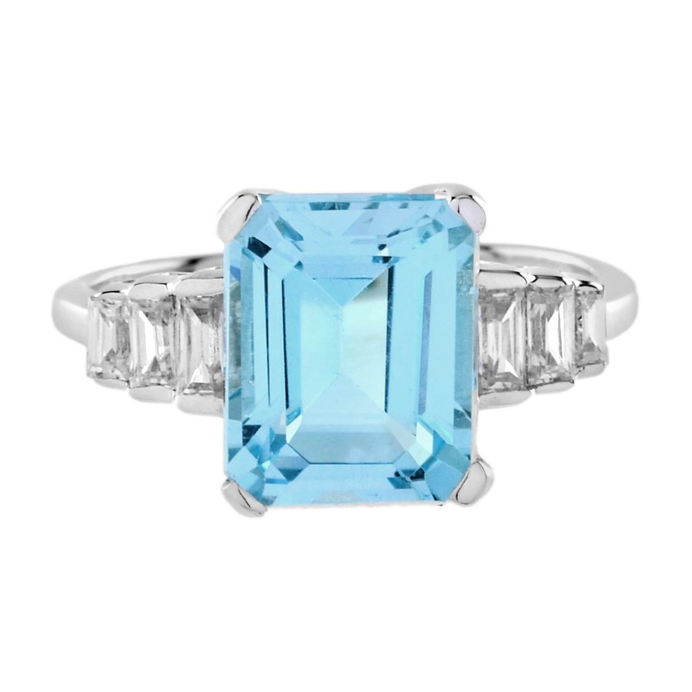3.10ct Emerald Cut Aquamarine Solitaire Engagement Ring with Baguette Diamond Shoulders