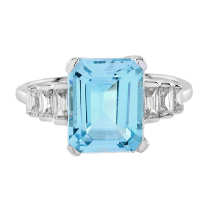3.10ct Emerald Cut Aquamarine Solitaire Engagement Ring with Baguette Diamond Shoulders