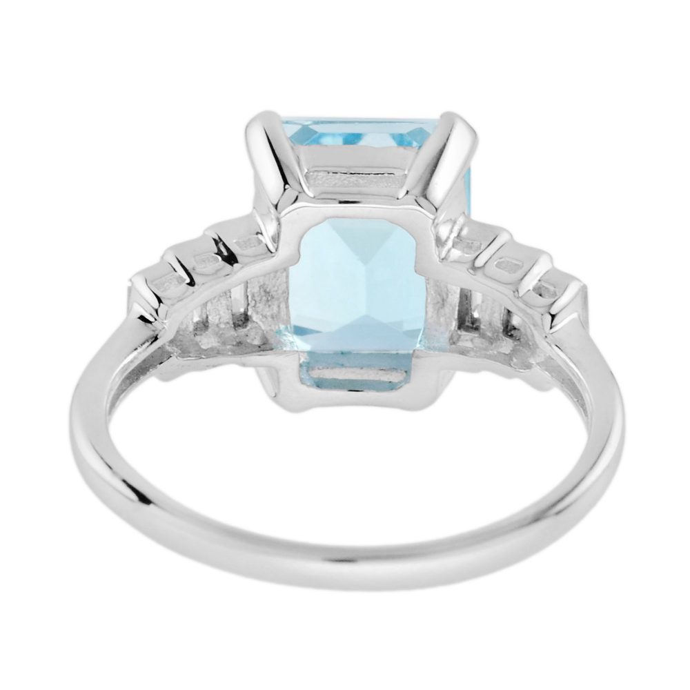 3.10ct Emerald Cut Aquamarine Solitaire Ring with Baguette Diamonds