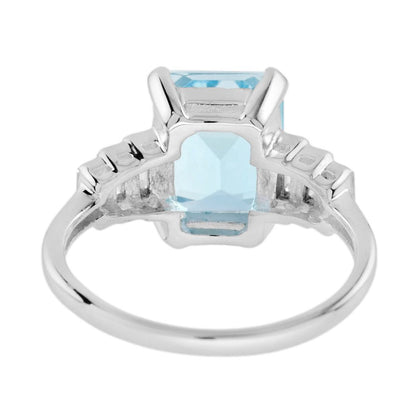 3.10ct Emerald Cut Aquamarine Solitaire Ring with Baguette Diamonds