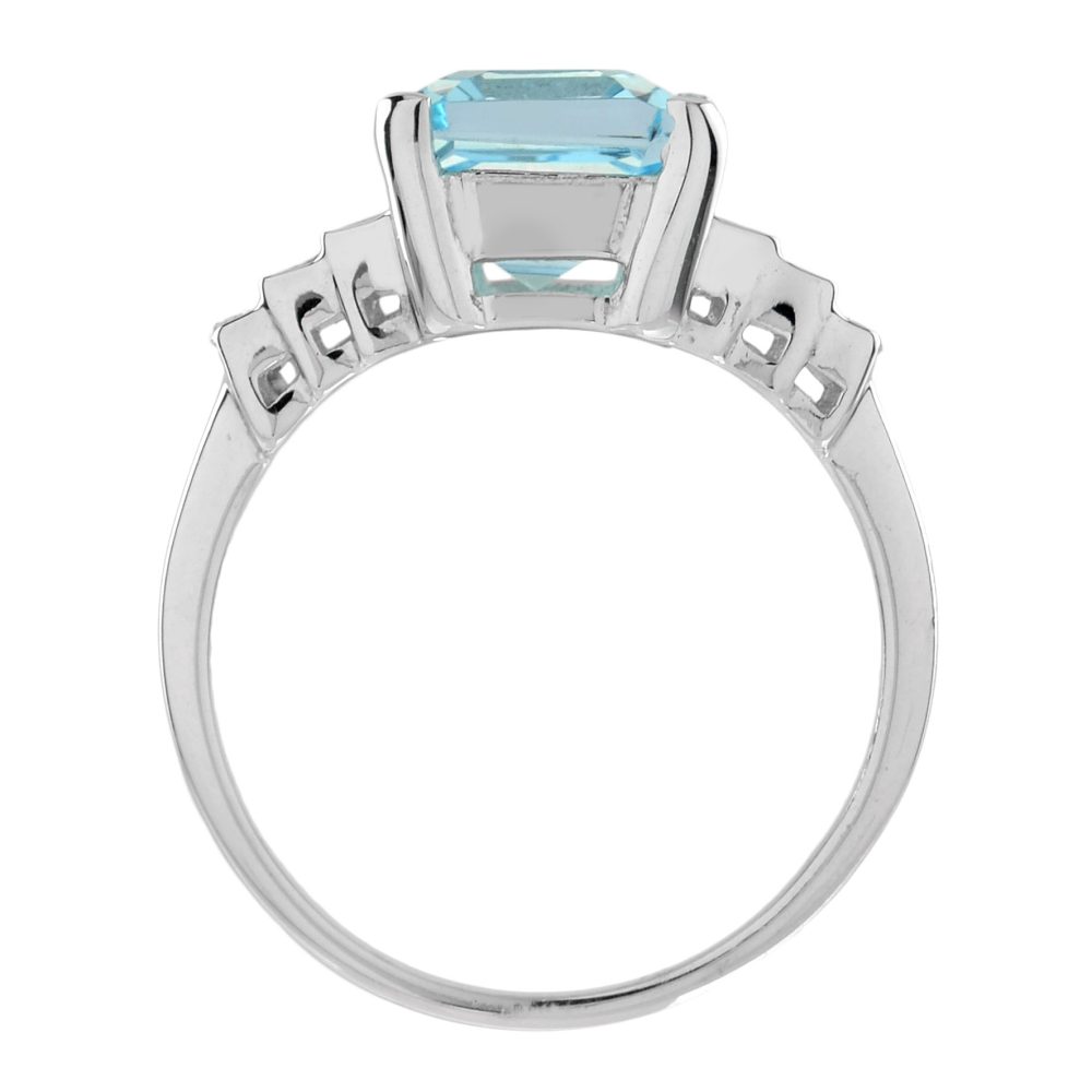 3.10ct Emerald Cut Aquamarine Solitaire Ring with Baguette Diamonds