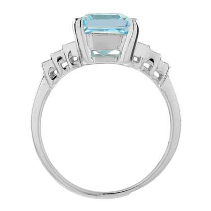 3.10ct Emerald Cut Aquamarine Solitaire Ring with Baguette Diamonds