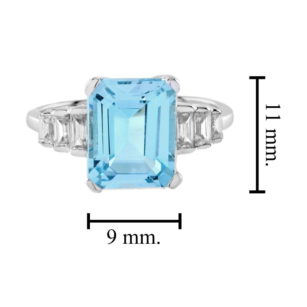 3.10ct Emerald Cut Aquamarine Solitaire Ring with Baguette Diamonds