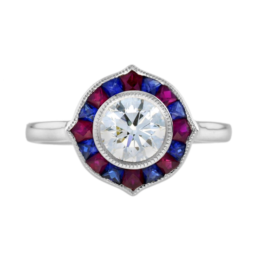GIA Certified 1ct Diamond with Ruby and Sapphire Target Cluster Engagement Ring in Platinum