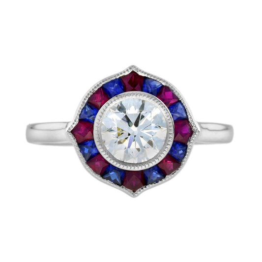 GIA Certified 1ct Diamond with Ruby and Sapphire Target Cluster Engagement Ring in Platinum