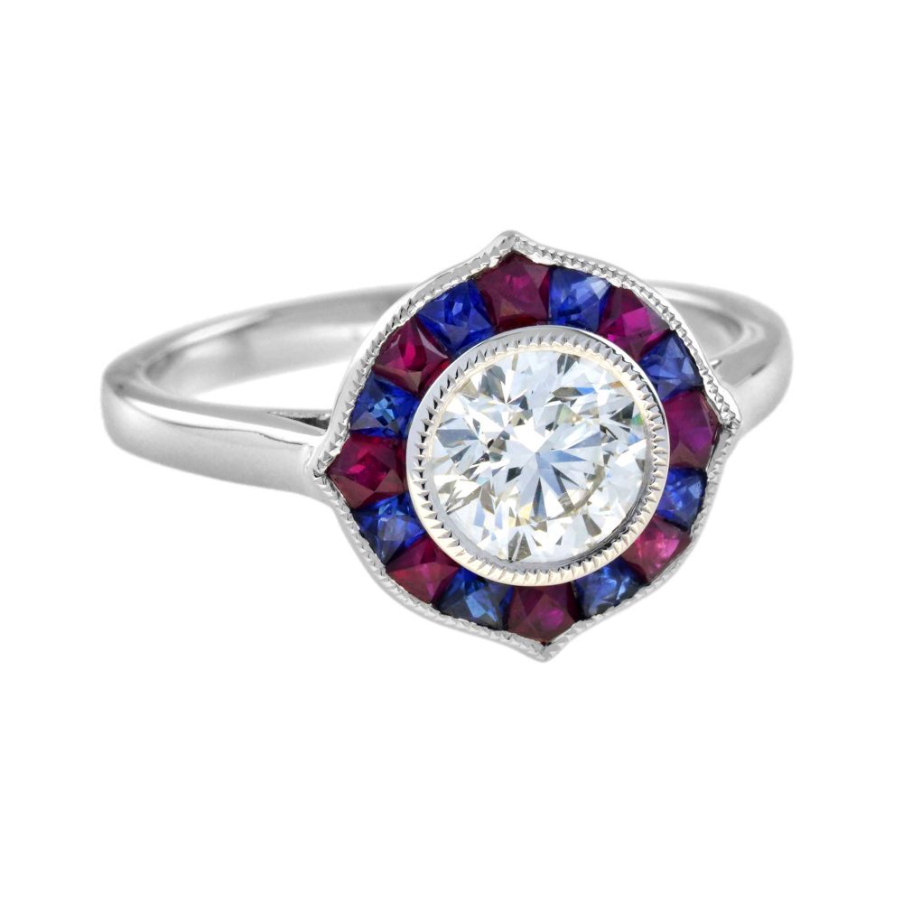 GIA Certified 1ct Diamond with Ruby and Sapphire Target Cluster Engagement Ring in Platinum