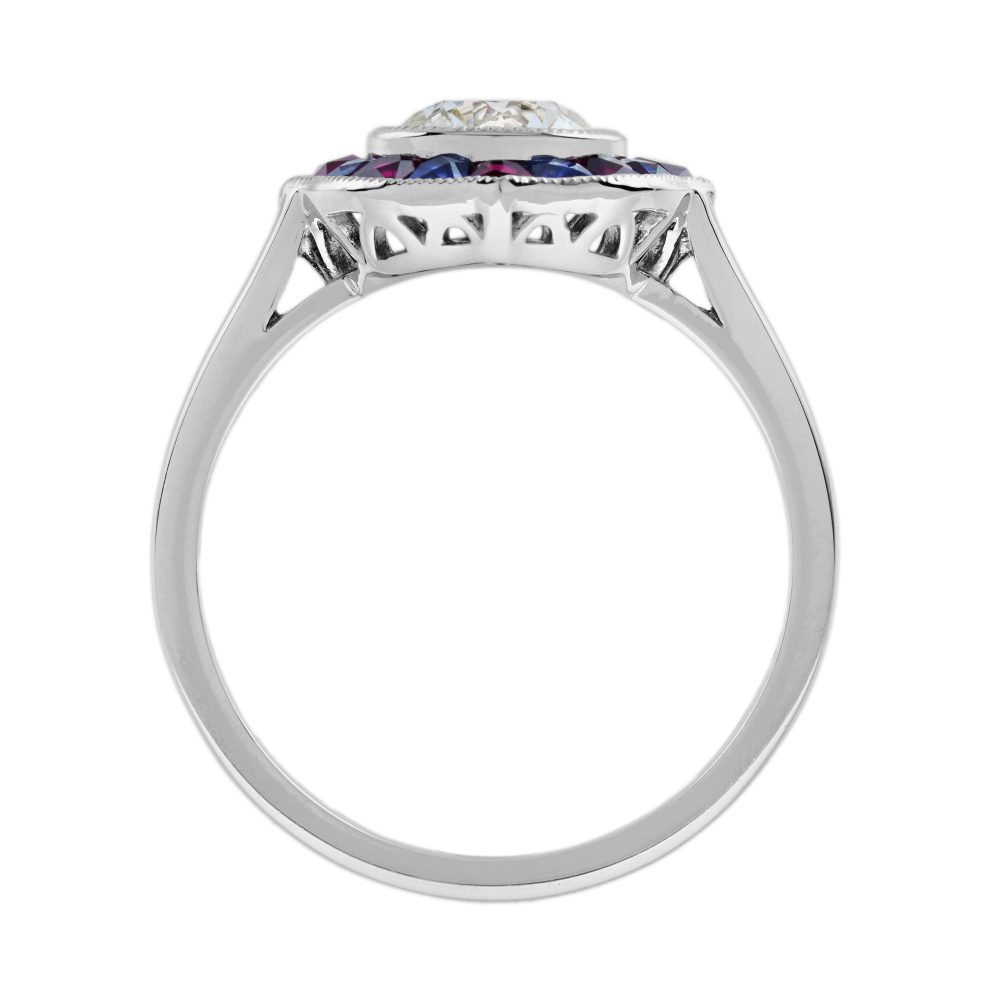 GIA Certified 1ct Diamond with Ruby and Sapphire Target Cluster Engagement Ring in Platinum