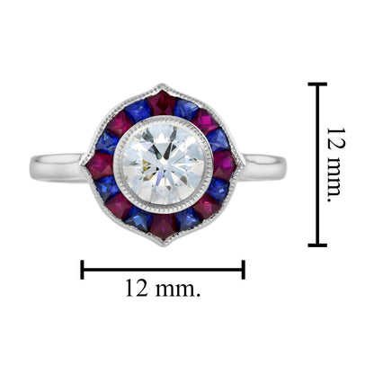 GIA Certified 1ct Diamond with Ruby and Sapphire Target Cluster Engagement Ring in Platinum
