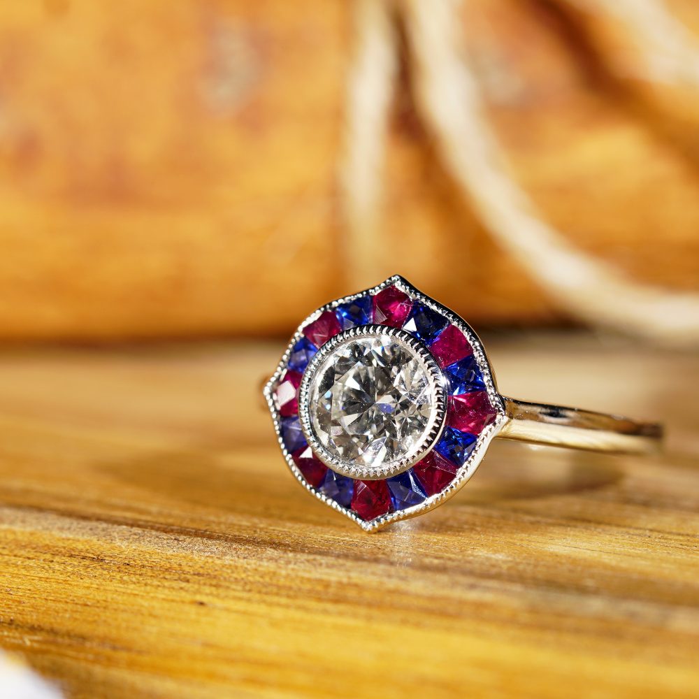 GIA 1ct Diamond with Ruby and Sapphire Target Cluster Engagement Ring in Platinum