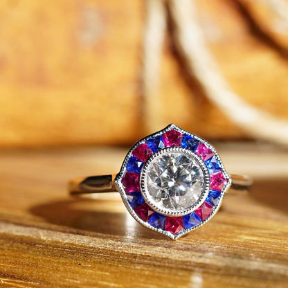 GIA 1ct Diamond with Ruby and Sapphire Target Cluster Engagement Ring in Platinum