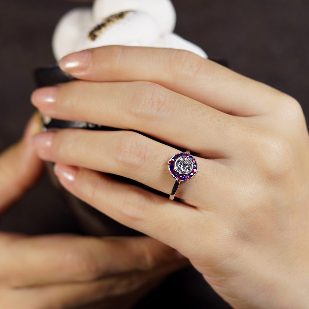 GIA 1ct Diamond with Ruby and Sapphire Target Cluster Engagement Ring in Platinum