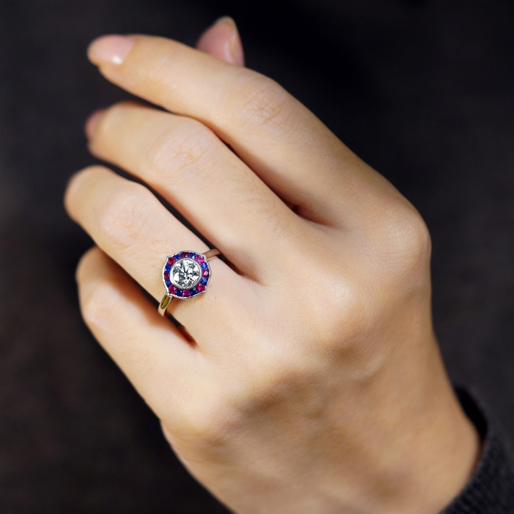 GIA 1ct Diamond with Ruby and Sapphire Target Cluster Engagement Ring in Platinum