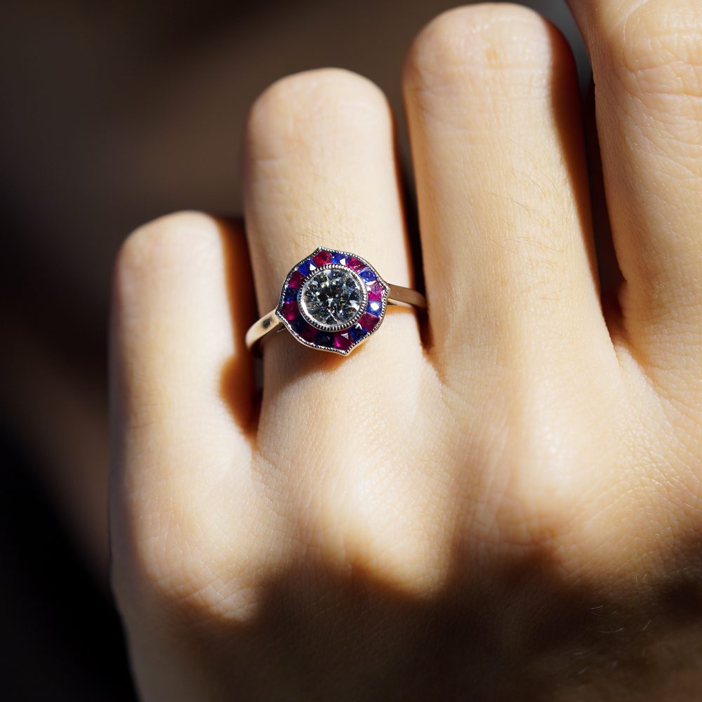 GIA 1ct Diamond with Ruby and Sapphire Target Cluster Engagement Ring in Platinum