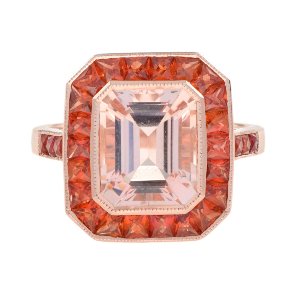 3.25ct Emerald Cut Morganite and Orange Sapphire Halo Cluster Ring in 18ct Rose Gold