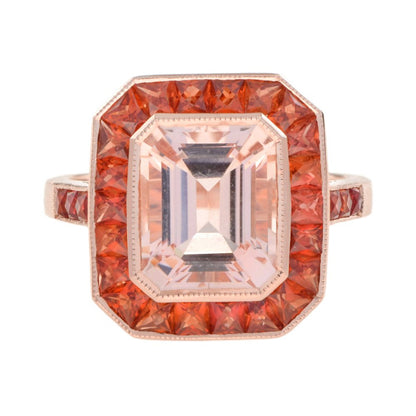 3.25ct Emerald Cut Morganite and Orange Sapphire Halo Cluster Ring in 18ct Rose Gold