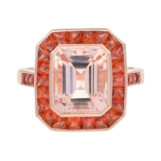 3.25ct Emerald Cut Morganite and Orange Sapphire Halo Cluster Ring in 18ct Rose Gold