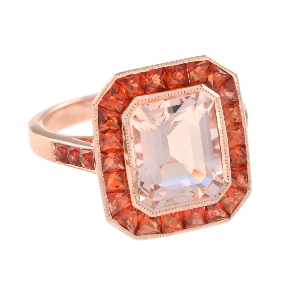 3.25ct Emerald Cut Morganite and Orange Sapphire Halo Cluster Ring in 18ct Rose Gold