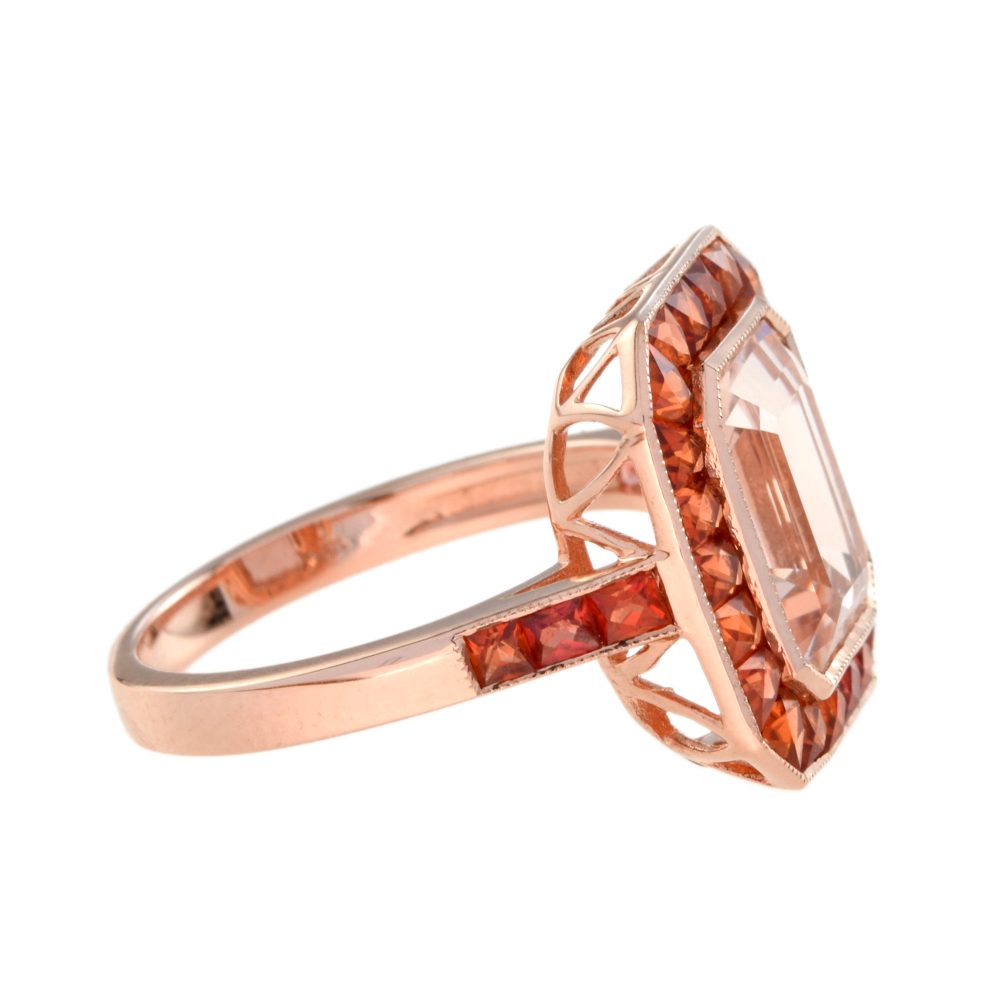 3.25ct Emerald Cut Morganite and Orange Sapphire Halo Cluster Ring in 18ct Rose Gold