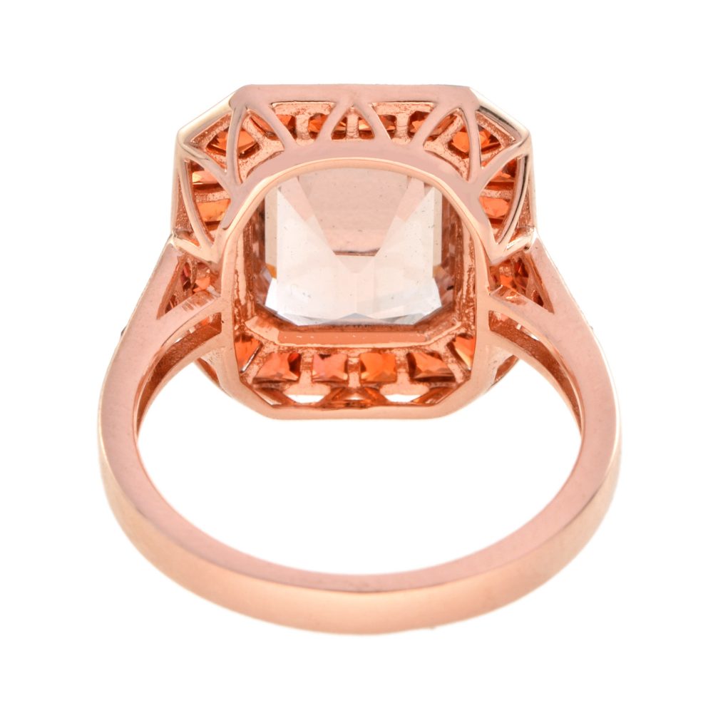3.25ct Emerald Cut Morganite and Orange Sapphire Halo Cluster Ring in 18ct Rose Gold
