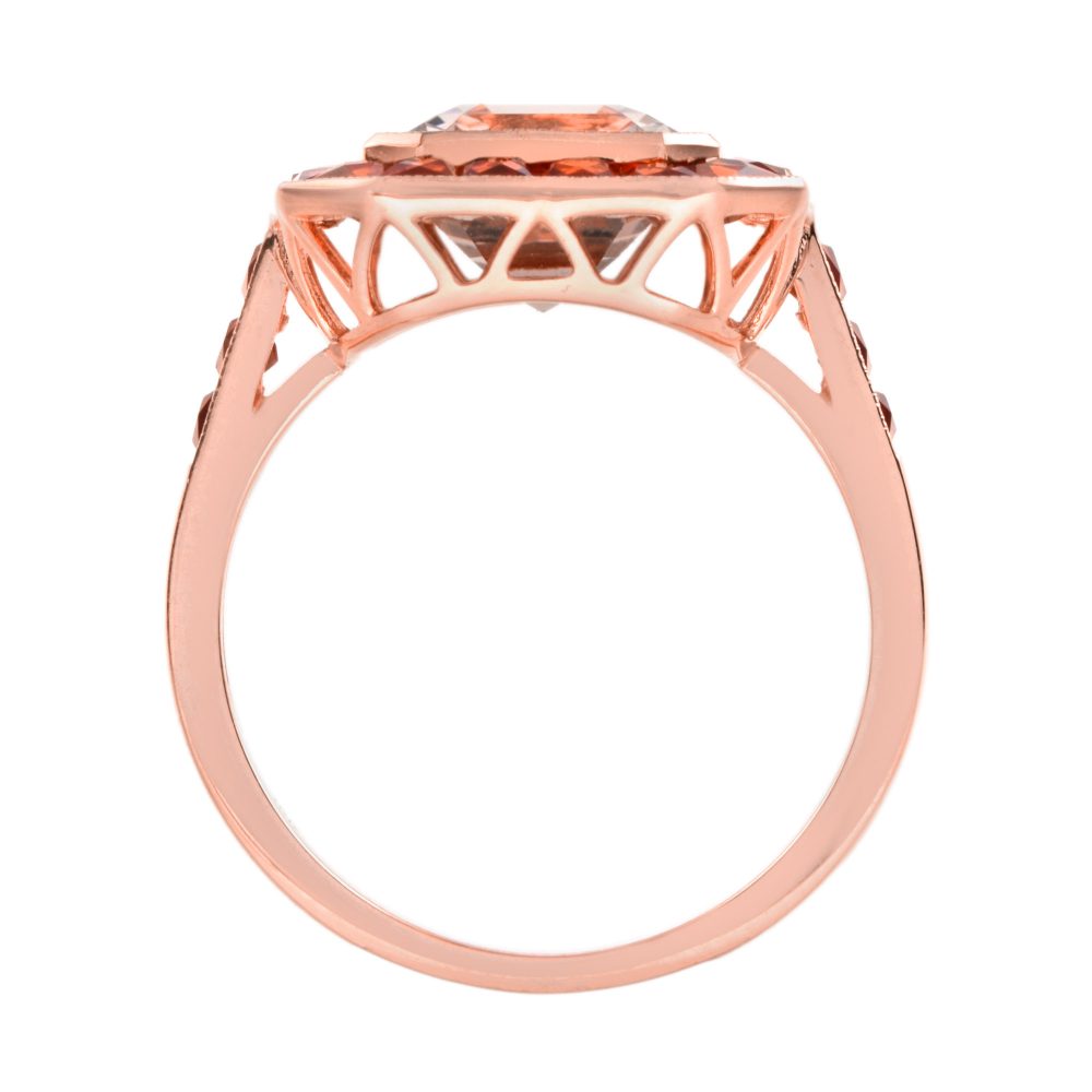 3.25ct Emerald Cut Morganite and Orange Sapphire Halo Cluster Ring in 18ct Rose Gold