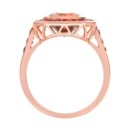 3.25ct Emerald Cut Morganite and Orange Sapphire Halo Cluster Ring in 18ct Rose Gold
