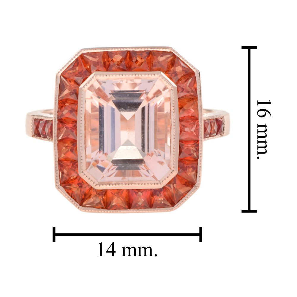 3.25ct Emerald Cut Morganite and Orange Sapphire Halo Cluster Ring in 18ct Rose Gold