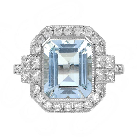 Art Deco Style 2.8ct Aquamarine and Diamond Cluster Dress Ring in 18ct White Gold
