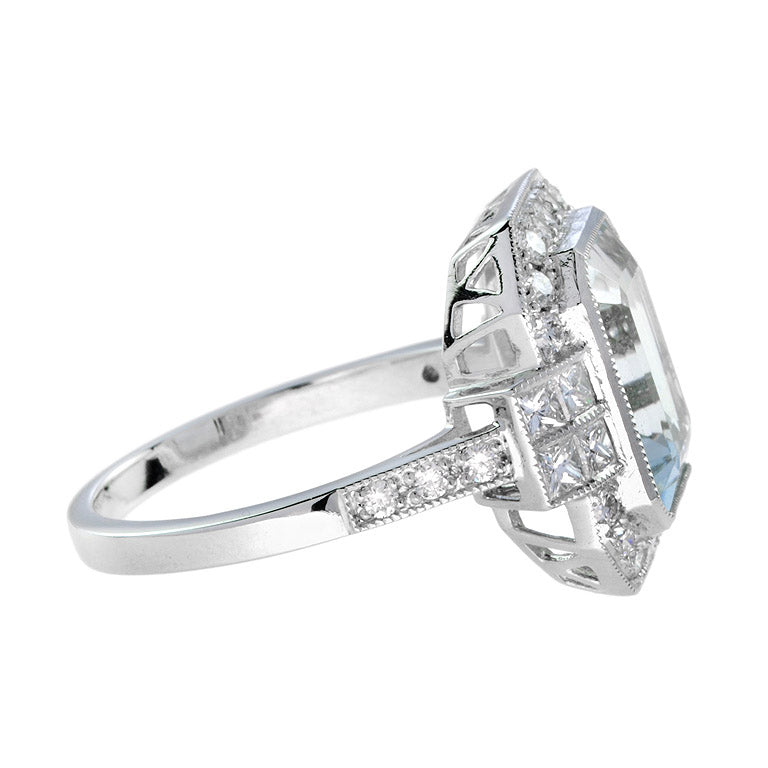Art Deco Style 2.8ct Aquamarine and Diamond Cluster Dress Ring in 18ct White Gold