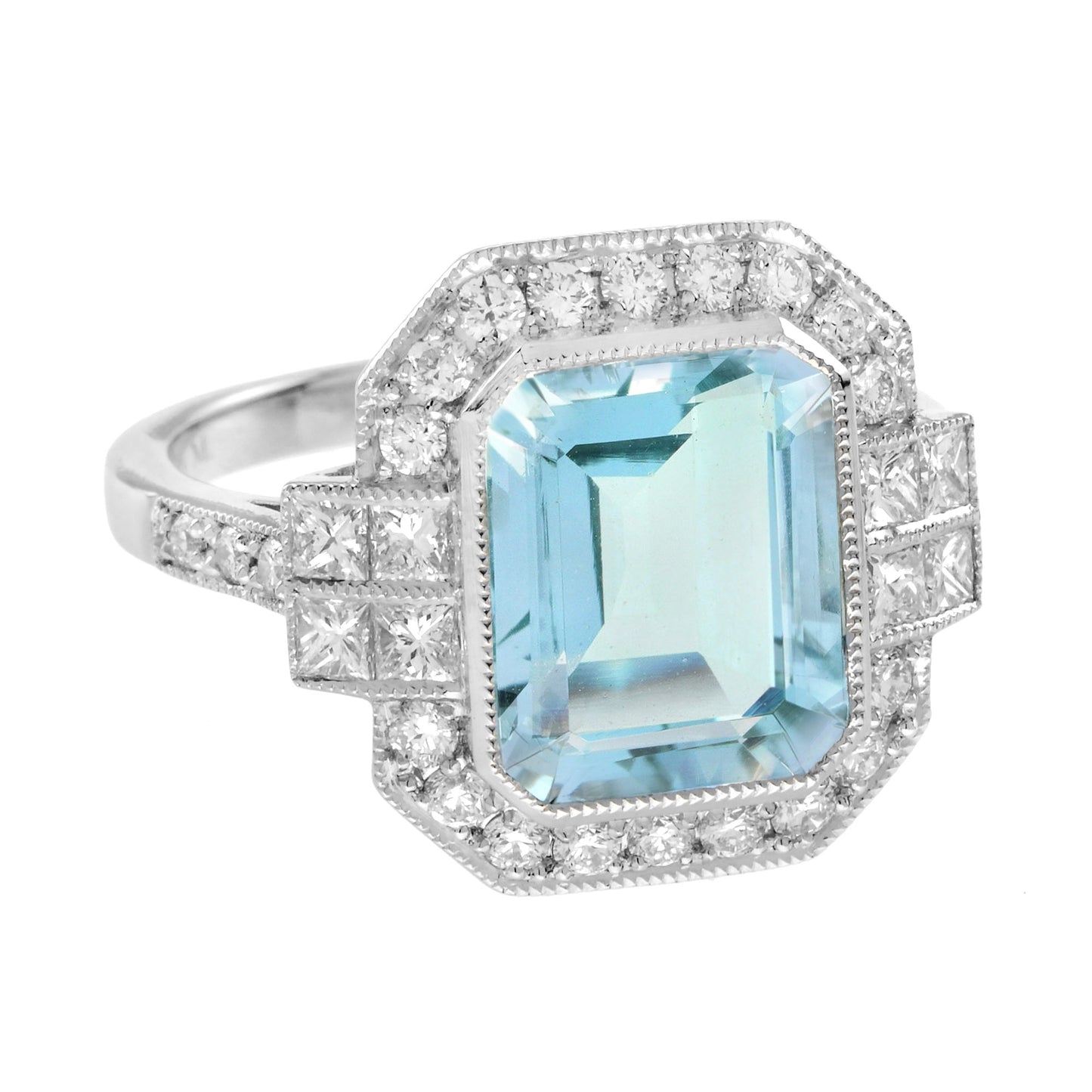 2.90ct Emerald Cut Aquamarine and Diamond Cluster Engagement Ring in 14ct Gold