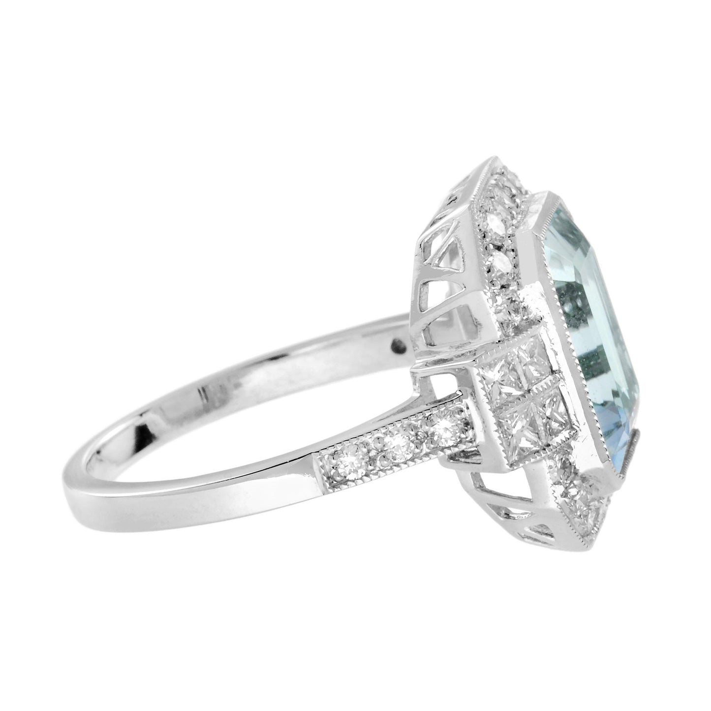 2.90ct Emerald Cut Aquamarine and Diamond Cluster Engagement Ring in 14ct Gold