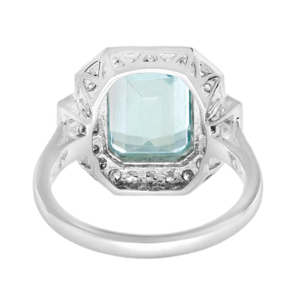 2.90ct Emerald Cut Aquamarine and Diamond Cluster Engagement Ring in 14ct Gold