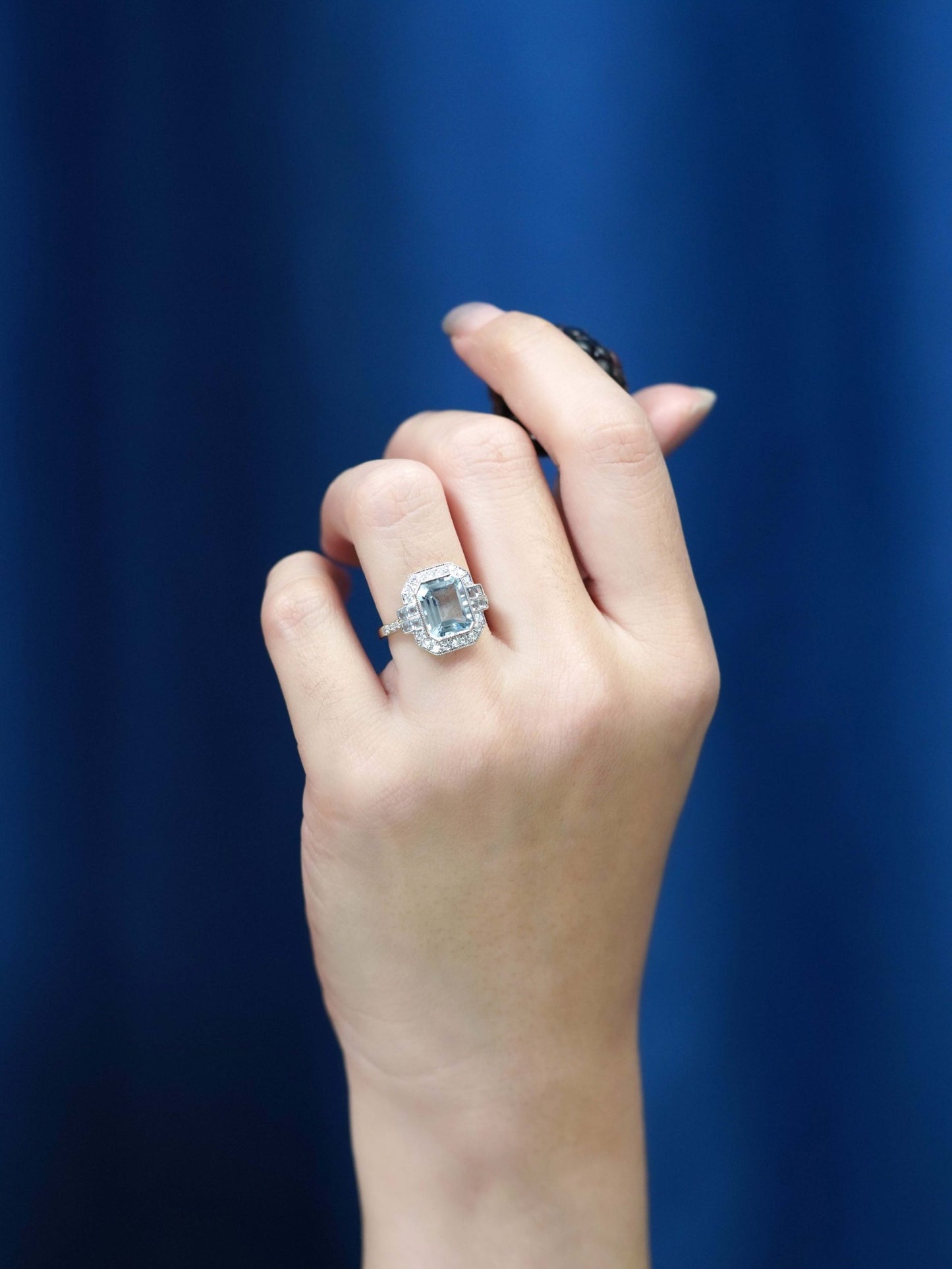 2.90ct Emerald Cut Aquamarine and Diamond Cluster Engagement Ring in 14ct Gold