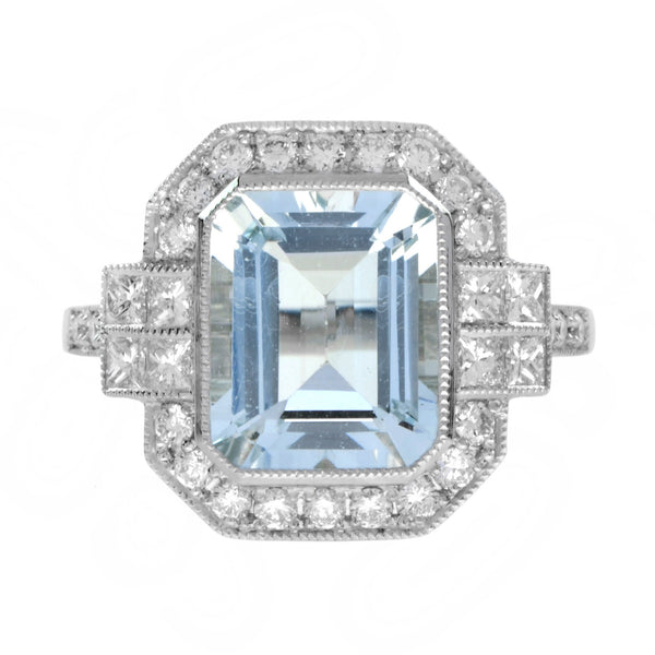 2.90ct Emerald Cut Aquamarine and Diamond Cluster Engagement Ring in 14ct Gold