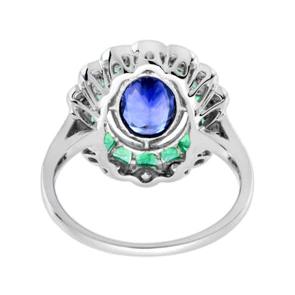 1.50ct Oval Ceylon Sapphire with Emerald and Diamond Cluster Engagement Ring