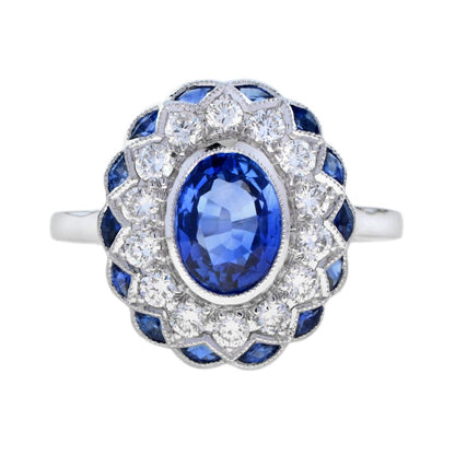 1.53ct Oval Ceylon Sapphire and Diamond Floral Cluster Dress Ring