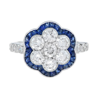 Contemporary Sapphire and Diamond Flower Cluster Ring in 18ct White Gold