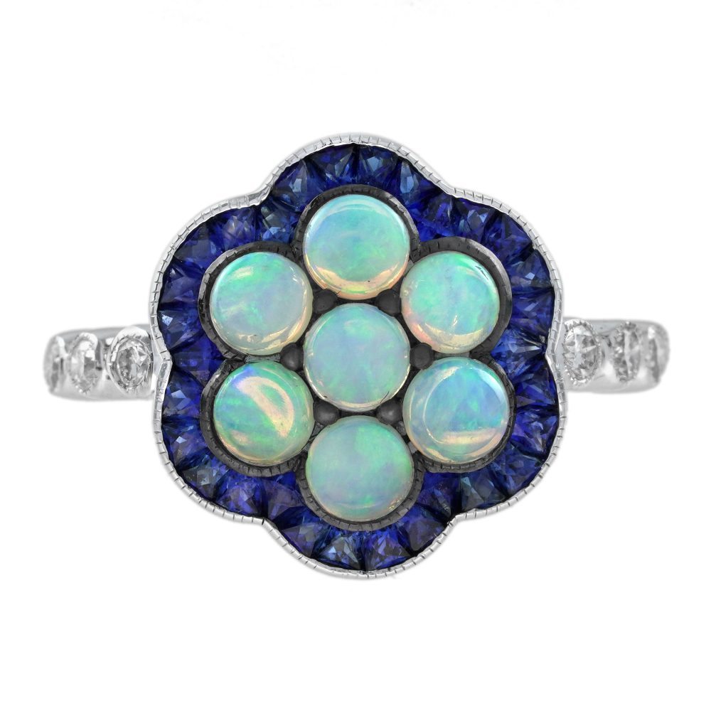 1ct Opal and Sapphire Cluster Engagement Ring with Diamond Shoulders