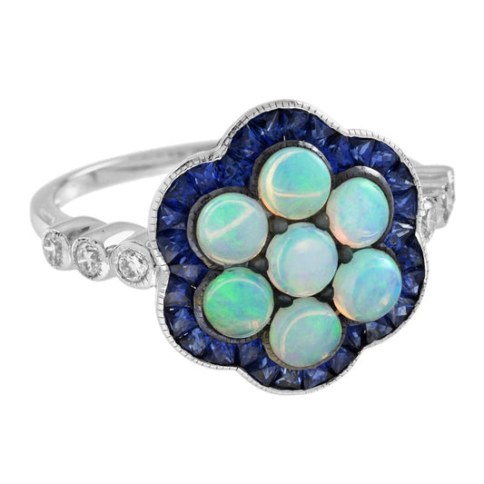 1ct Opal and Sapphire Cluster Engagement Ring with Diamond Shoulders