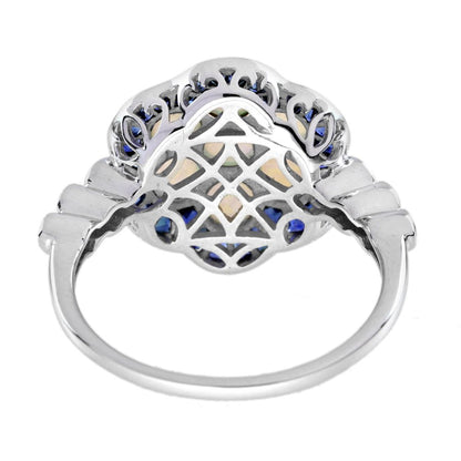 1ct Opal and Sapphire Cluster Engagement Ring with Diamond Shoulders