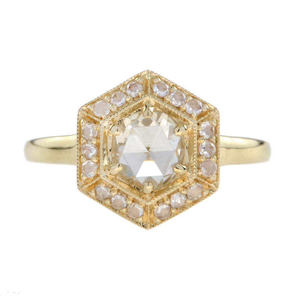 Rose Cut Diamond Hexagonal Cluster Ring in 18ct Yellow Gold; central 0.68ct rose-cut diamond nestled within a 0.34ct diamond-set hexagon shaped frame