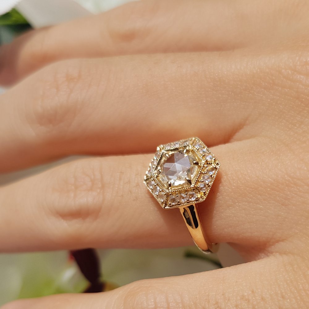 0.68ct Rose Cut Diamond Hexagonal Cluster Ring in 18ct Yellow Gold