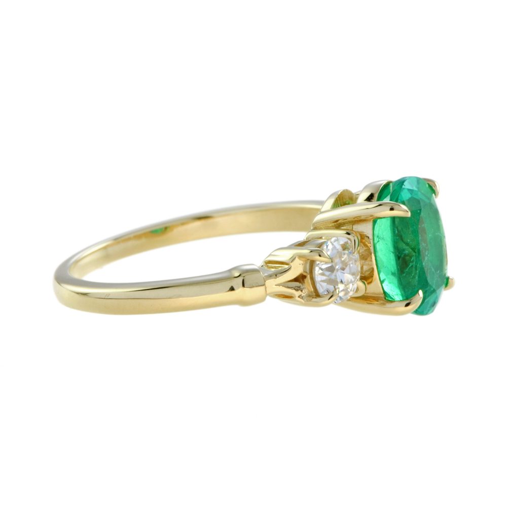 2.03ct Oval Emerald and Diamond Three Stone Ring in 18ct Yellow Gold